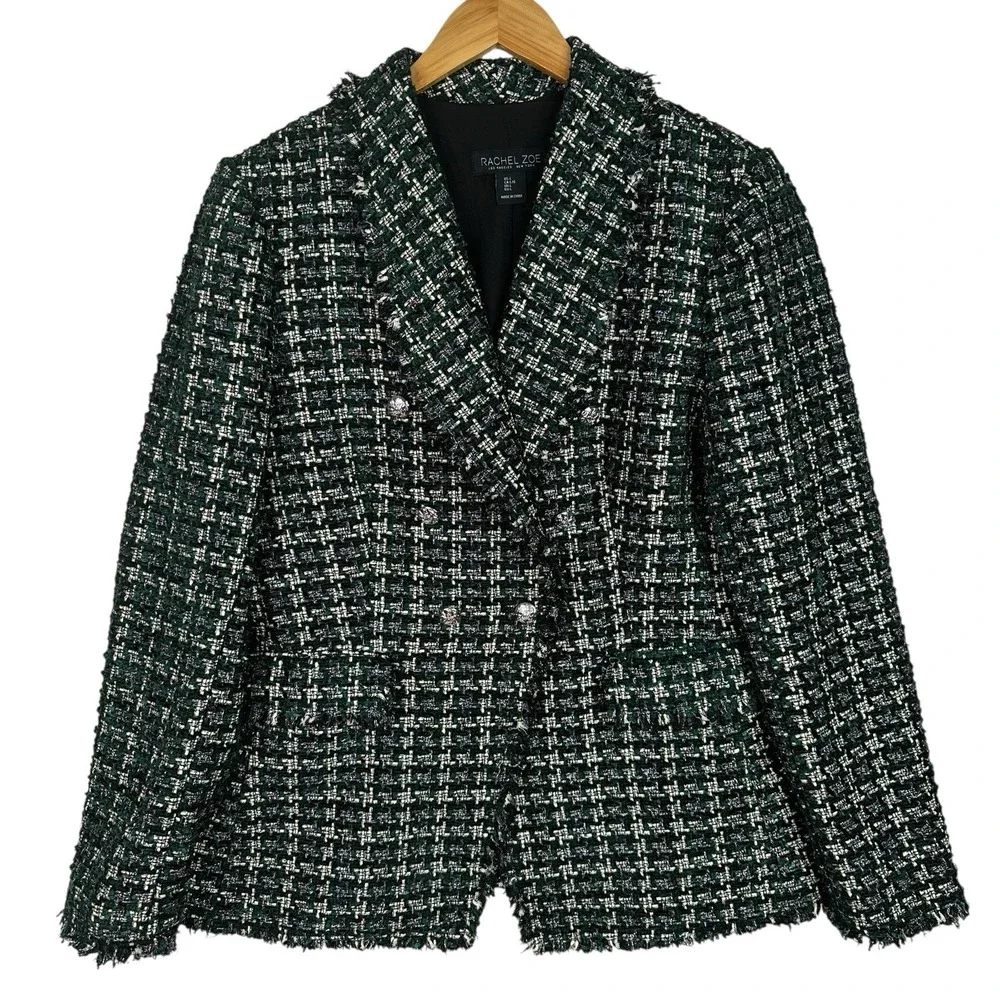 Rachel Zoe Tweed Double Breasted Blazer Womens‎ Large Green Black Boucle Fringe